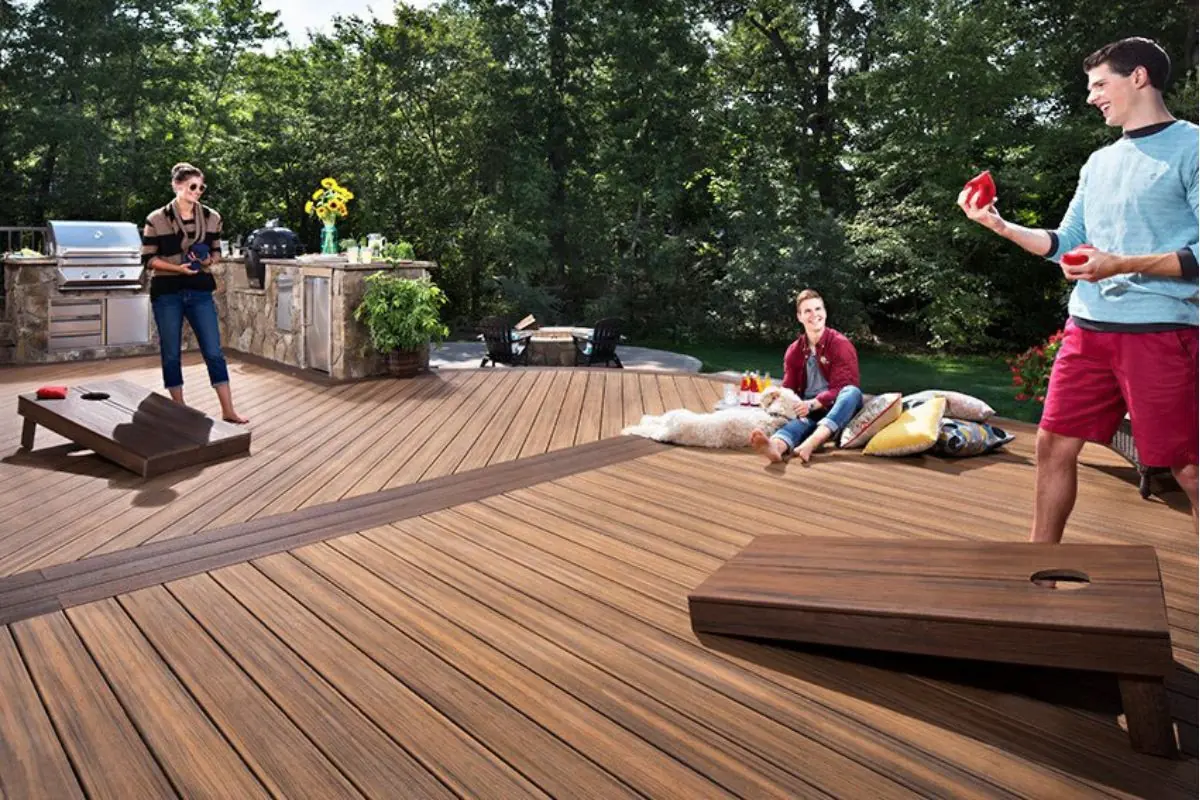 group of friends playing on outdoor wooden deck