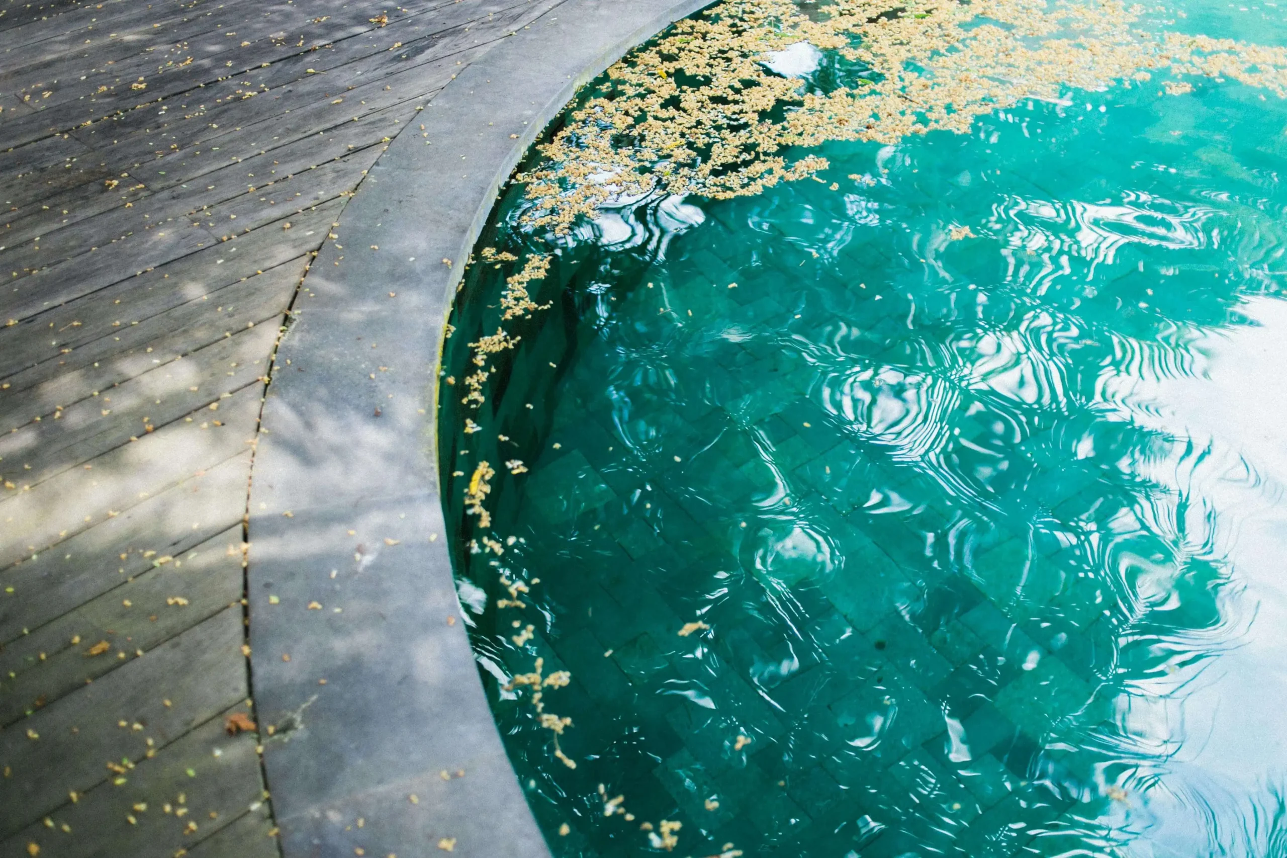 Leaves and debris on a wooden pool deck next to clear blue water. Is your pool deck in need of a deep clean? Hire a professional contractor today and enjoy a spotless, summer-ready poolside!