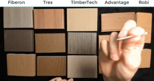 A comparison of decking materials from Fiberon, Trex, TimberTech, Advantage, and Robi, showcasing various wood and composite options. Choose the best decking material for your next project today!