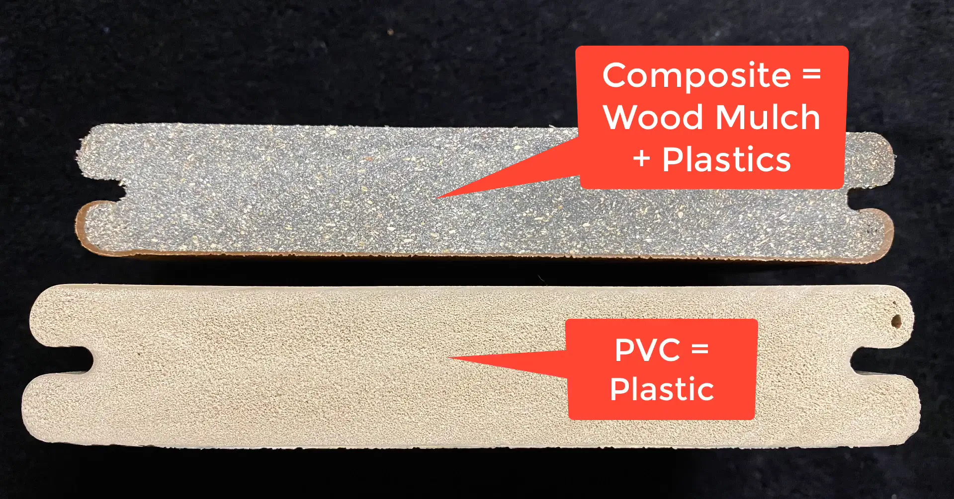 Close-up of composite and PVC deck materials. Choose the best deck material with All Pro Thornton Deck Builders.